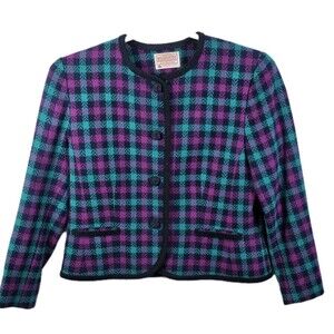 Vintage Pendleton Wool Blue Purple Checkered Button Blazer Jacket Size 12 USA